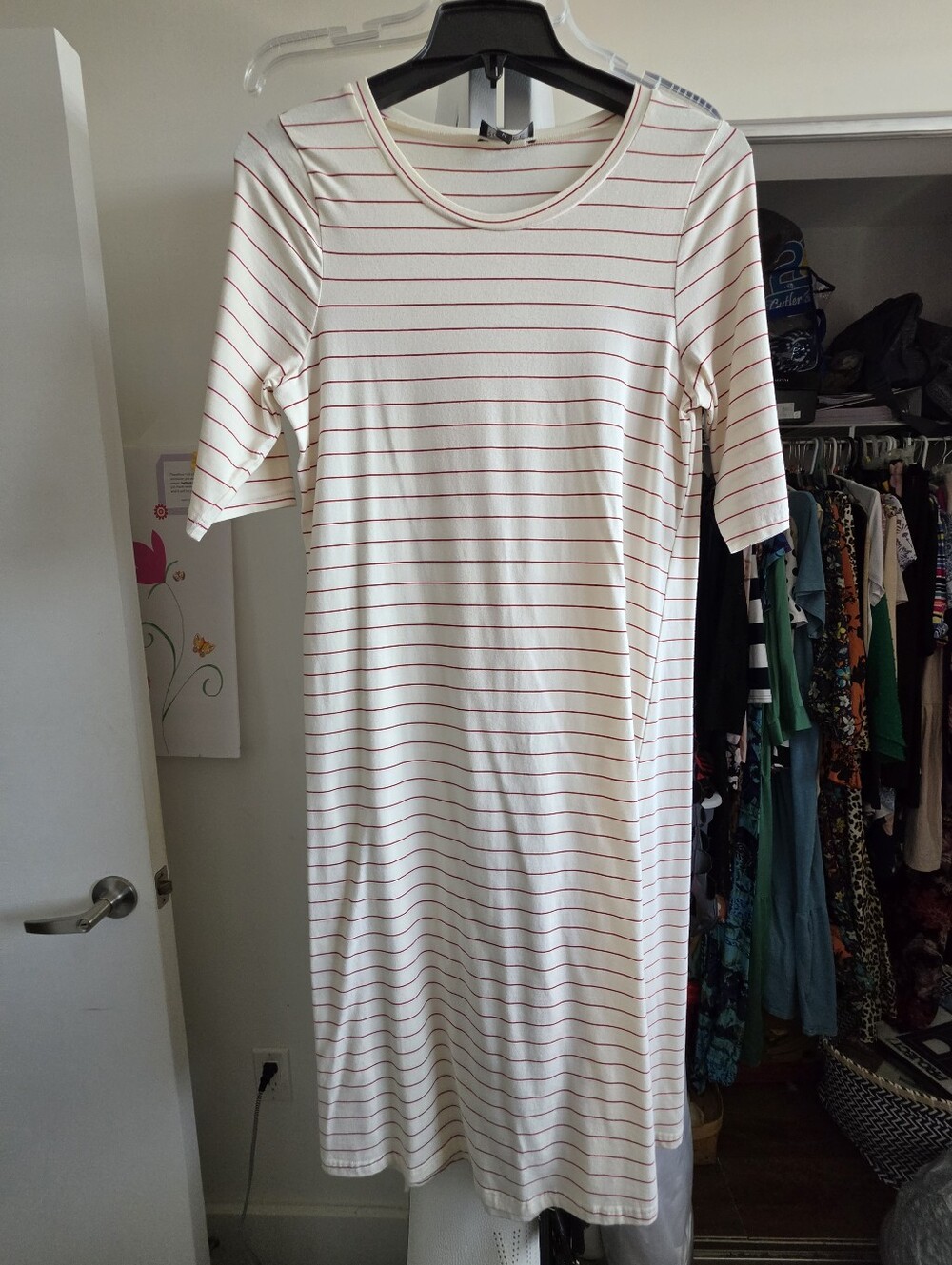 Classic Striped Scoop Neck Dress - Cream with Red Stripes